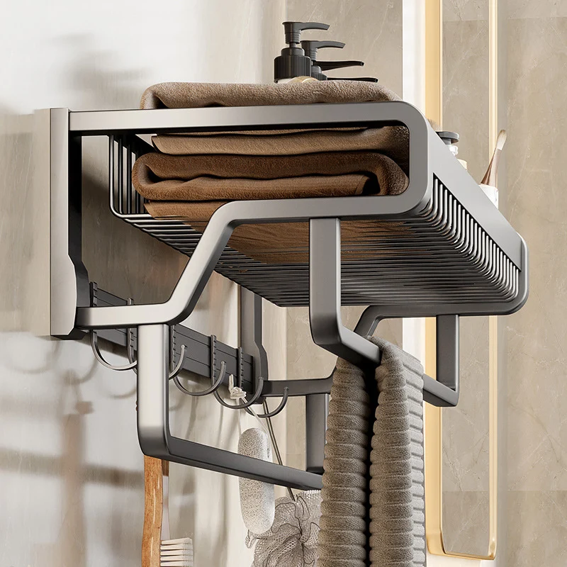 Juego de accesorios de baño moderno de aluminio, estante de baño gris pulido/portapapeles/ganchos para bata Clearhalo
