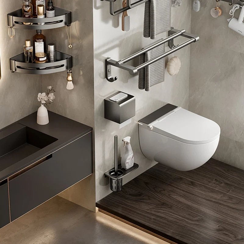 Juego de accesorios de baño moderno de aluminio, estante de baño gris pulido/portapapeles/ganchos para bata Clearhalo
