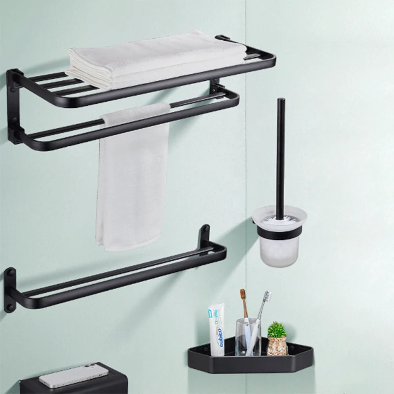 Juego de accesorios de baño moderno, estante de baño/barra para toallas y soporte para papel, color negro mate/gris Clearhalo