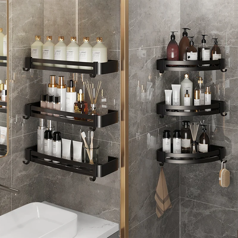 Juego de accesorios de baño moderno, estante para baño, Kit de accesorios de baño plateado/negro Clearhalo