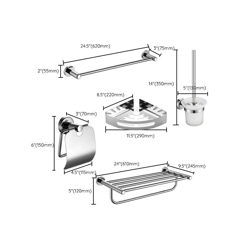 Juego de accesorios de baño moderno de 5 piezas en cromo pulido con estante para bañera Clearhalo