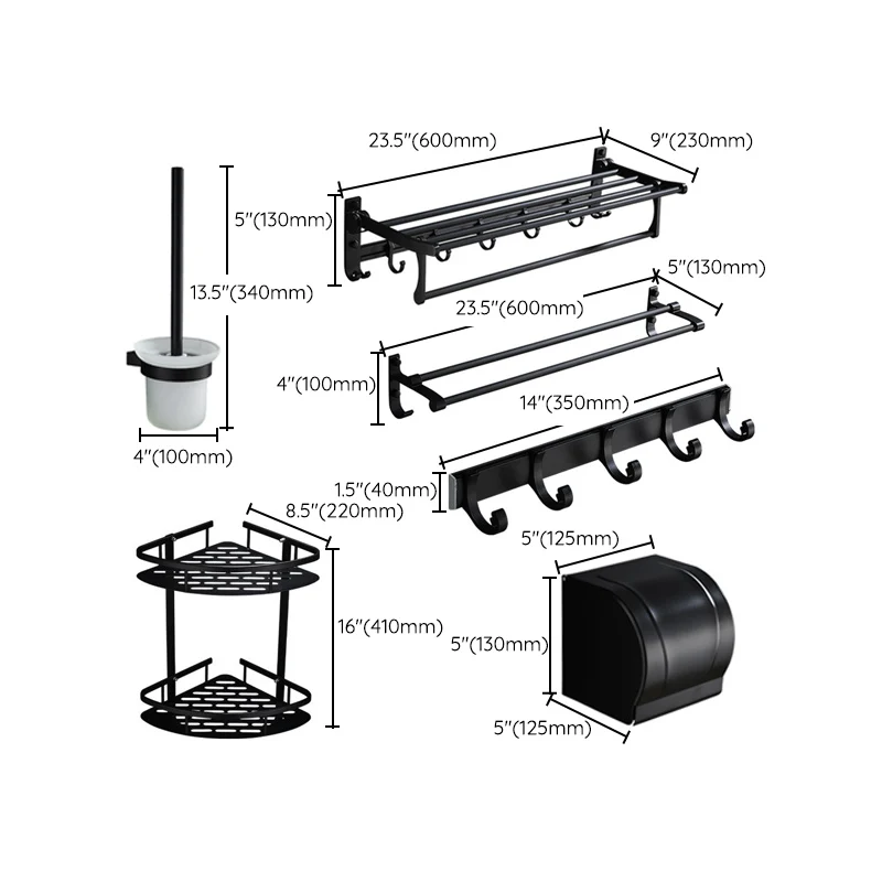 Juego de accesorios de baño moderno de 6 piezas en negro mate con estante para baño/barra para toallas y ganchos para bata...