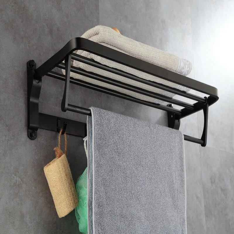 Juego de accesorios de baño moderno de 6 piezas en negro mate con estante para baño/barra para toallas y ganchos para bata...