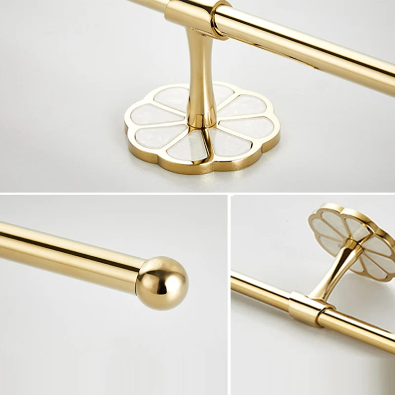 Juego de accesorios de baño modernos dorados, estante para baño, toallero, soporte para papel, ganchos para bata Clearhalo