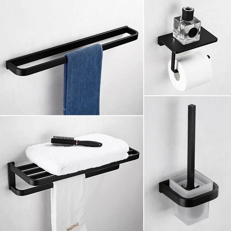Juego de accesorios de baño negro de estilo moderno Toallero de metal Clearhalo