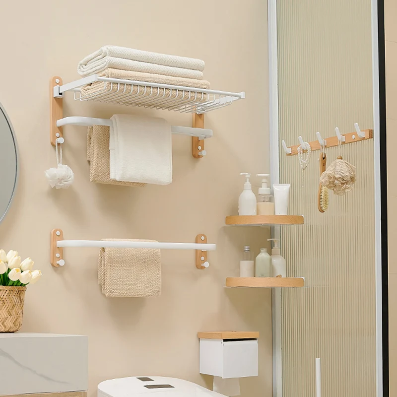 Juego de accesorios para baño de aluminio y madera, color blanco Clearhalo