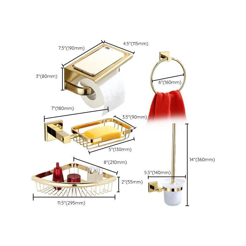 Juego de baño moderno dorado, oro pulido, 4 piezas, toallero y soporte para papel Clearhalo