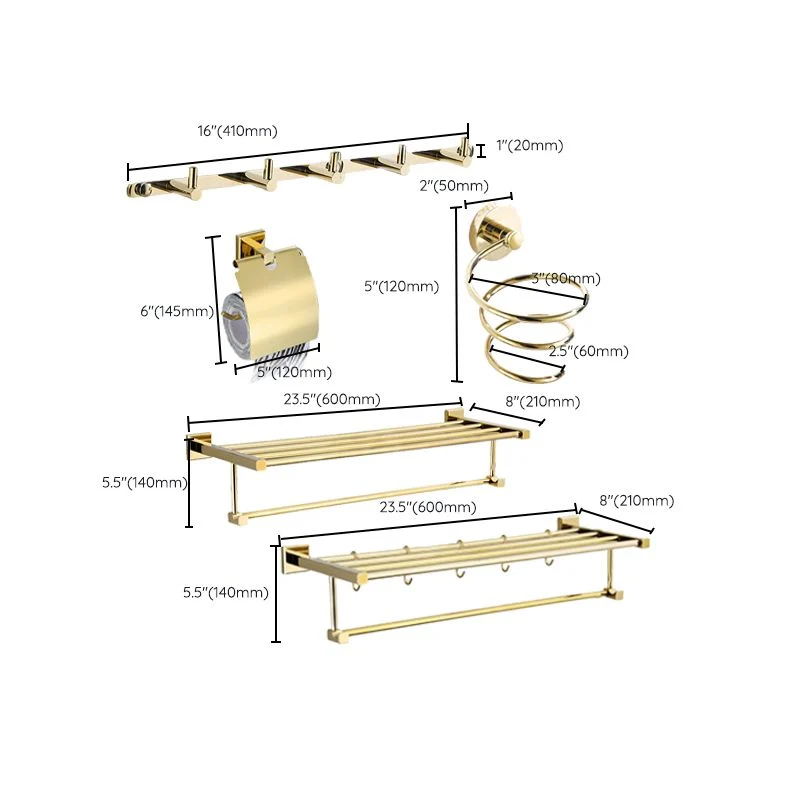 Juego de baño moderno dorado, oro pulido, 4 piezas, toallero y soporte para papel Clearhalo
