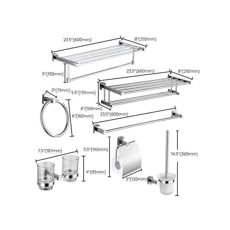 Juego de herrajes para accesorios de baño contemporáneos en metal plateado Clearhalo
