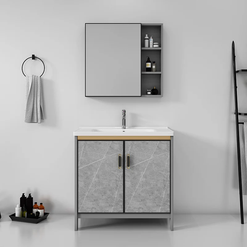 Juego de tocador de baño con cajón, grifo de lavabo de cerámica, juego de tocador independiente con espejo Clearhalo
