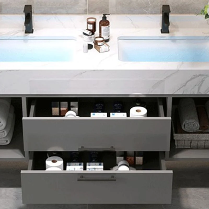 Juego de tocador de baño con espejo, marco de metal gris, tocador rectangular de 2 puertas con cajones Clearhalo