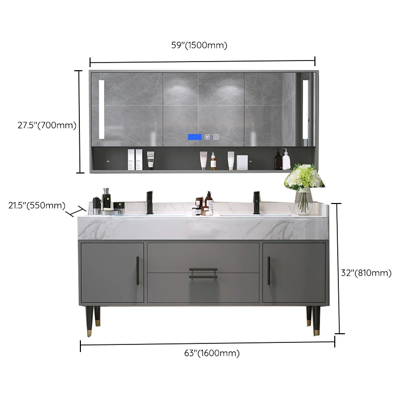 Juego de tocador de baño con espejo, marco de metal gris, tocador rectangular de 2 puertas con cajones Clearhalo