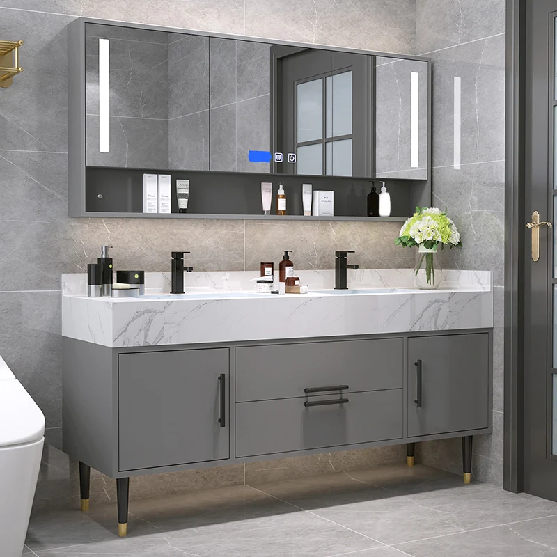 Juego de tocador de baño con espejo, marco de metal gris, tocador rectangular de 2 puertas con cajones Clearhalo