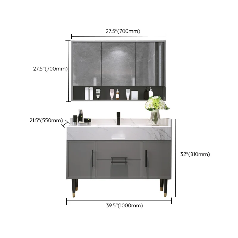 Juego de tocador de baño con espejo, marco de metal gris, tocador rectangular de 2 puertas con cajones Clearhalo