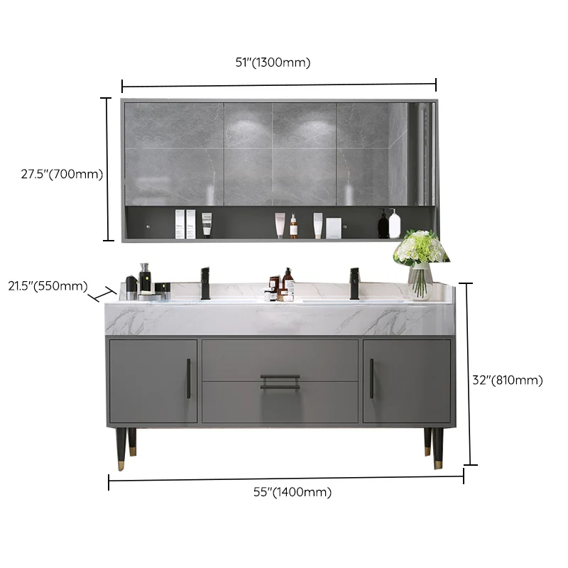 Juego de tocador de baño con espejo, marco de metal gris, tocador rectangular de 2 puertas con cajones Clearhalo