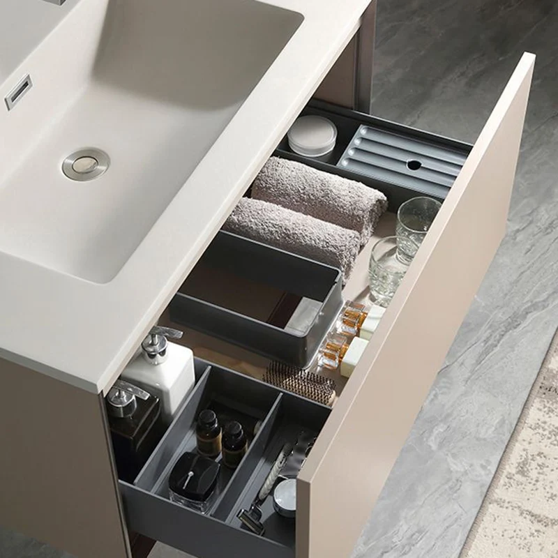Juego de tocador de baño con espejo y mueble de tocador de madera contemporáneo con estantes de almacenamiento Clearhalo