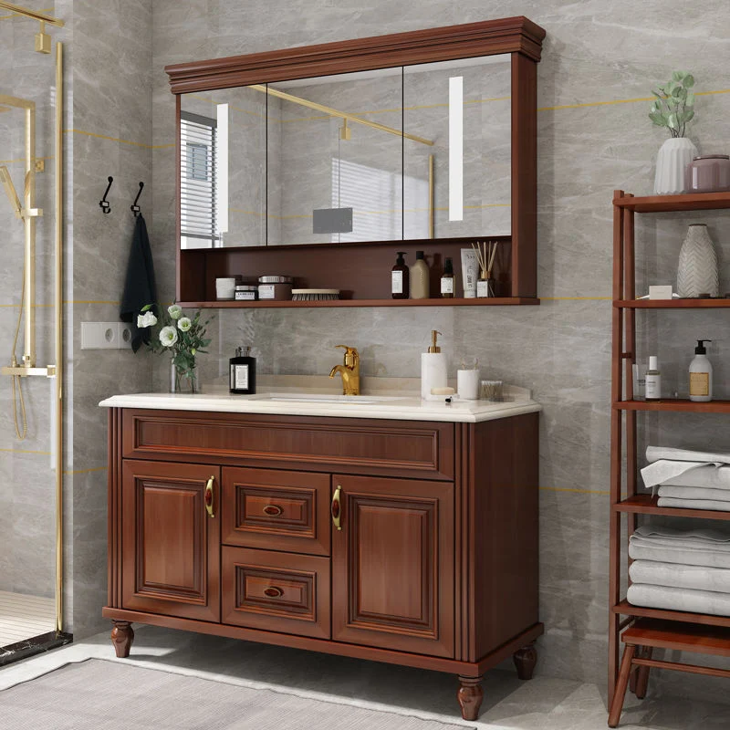 Juego de tocador de baño, estante de almacenamiento con espejo, fregadero de cerámica, tocador de fregadero de 2 puertas c...