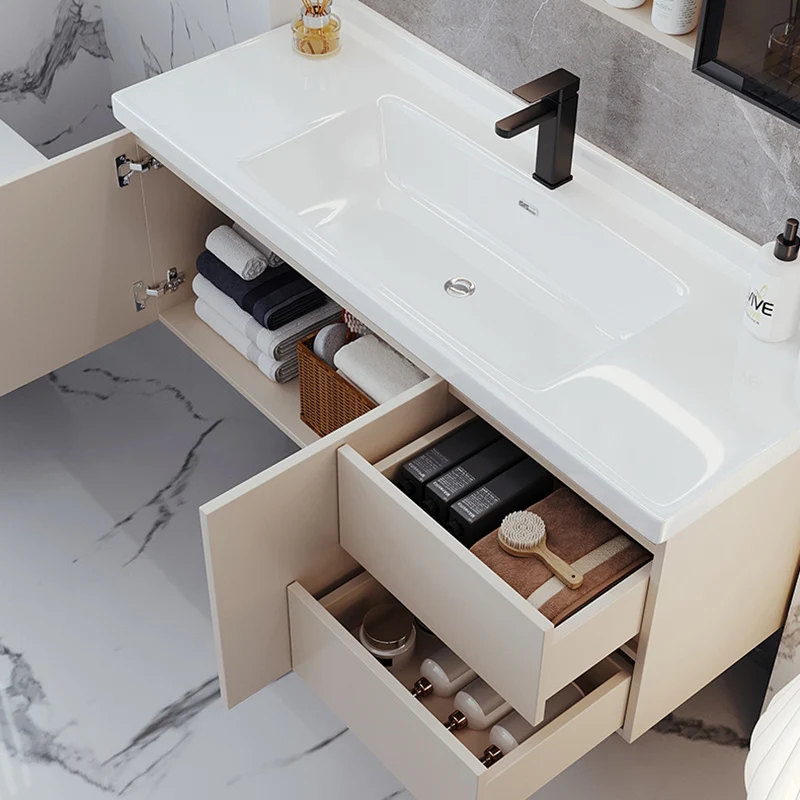Juego de tocador de baño de madera maciza moderno blanco con montaje en pared, grifo incluido Clearhalo