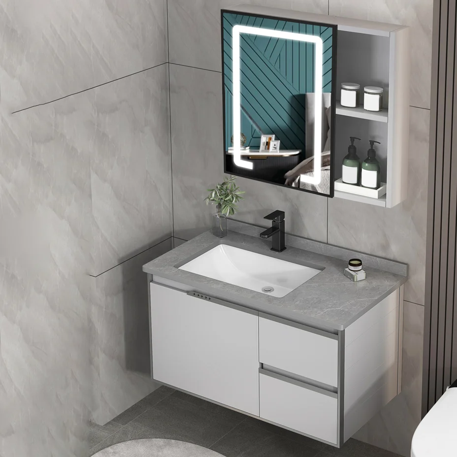 Juego de tocador de baño moderno con lavabo y montaje en pared con espejo Clearhalo