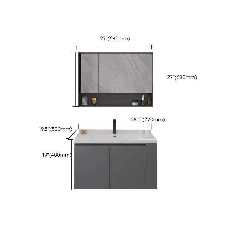 Juego de tocador de baño moderno rectangular con lavabo individual estándar montado en la pared gris Clearhalo