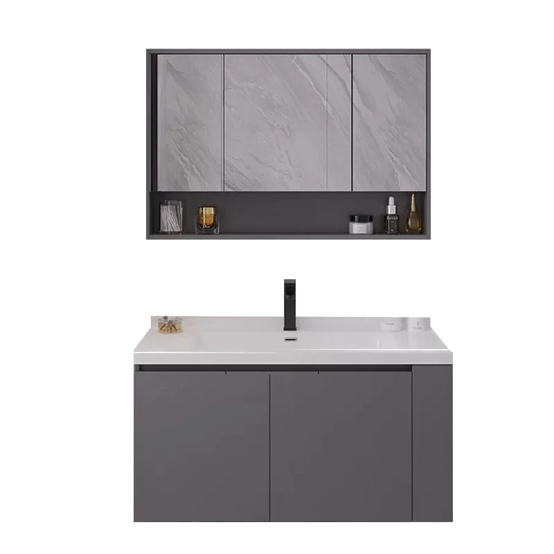 Juego de tocador de baño moderno rectangular con lavabo individual estándar montado en la pared gris Clearhalo