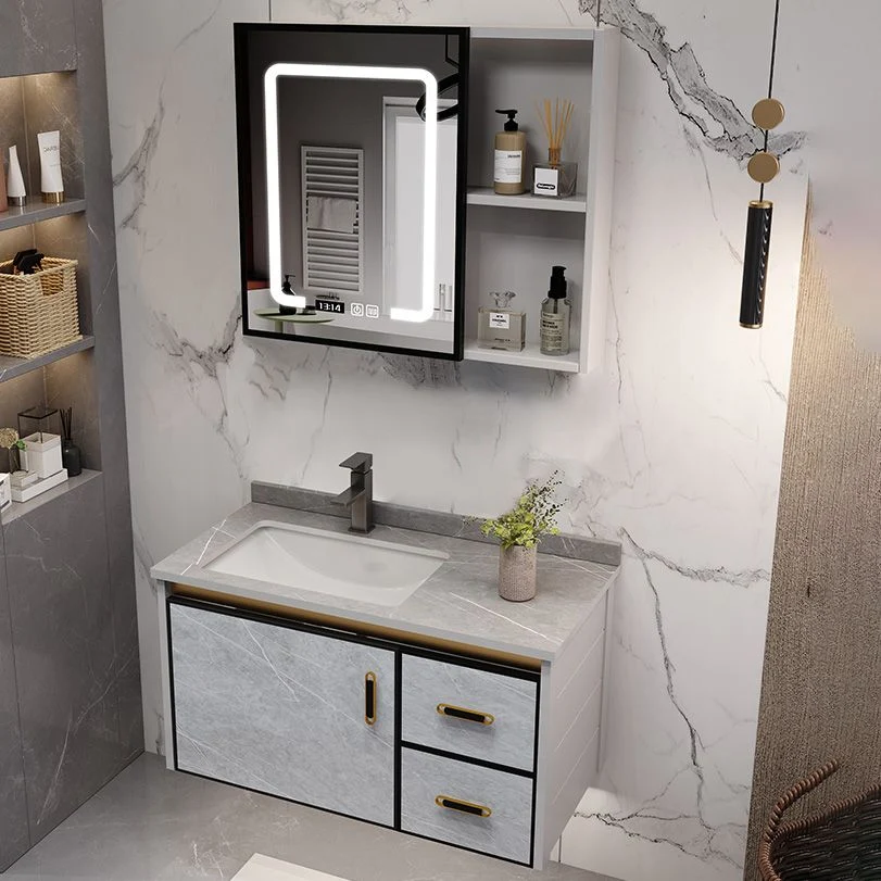 Juego de tocador de baño de montaje en pared con lavabo Glam de metal con espejo Clearhalo