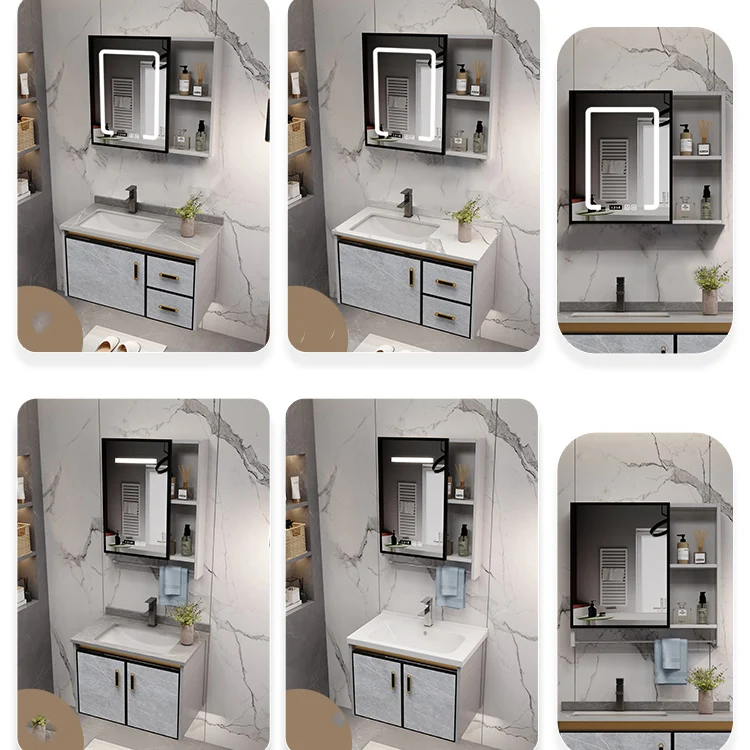 Juego de tocador de baño de montaje en pared con lavabo Glam de metal con espejo Clearhalo
