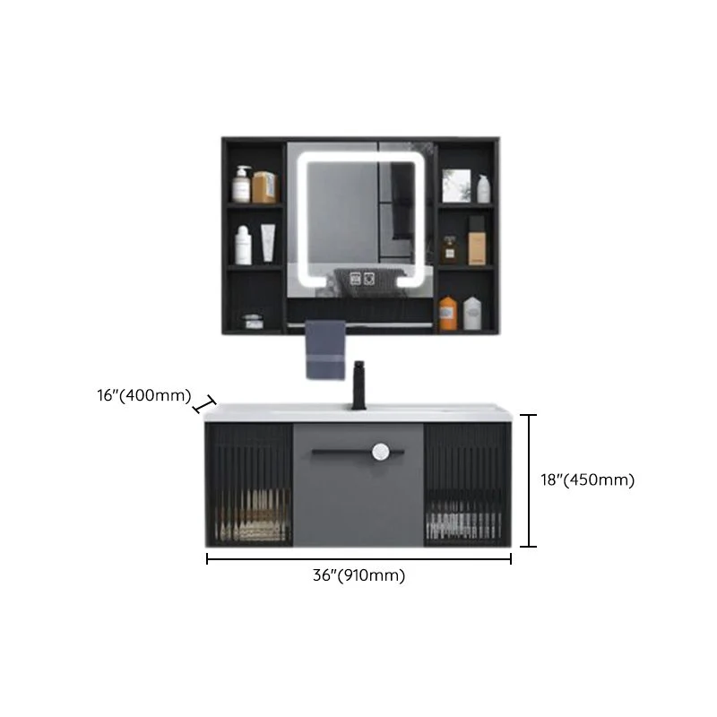 Juego de tocador de baño para montaje en pared, espejo, tocador de baño de madera rectangular gris con lavabo individual C...
