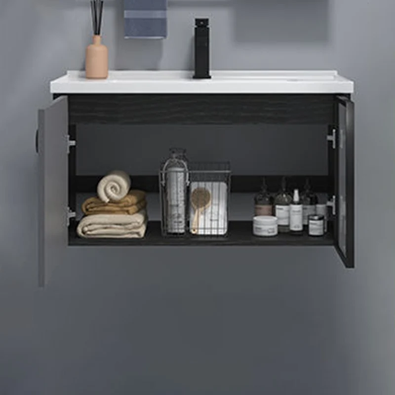 Juego de tocador de baño para montaje en pared, espejo, tocador de baño de madera rectangular gris con lavabo individual C...