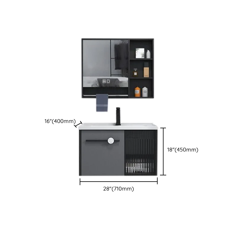 Juego de tocador de baño para montaje en pared, espejo, tocador de baño de madera rectangular gris con lavabo individual C...