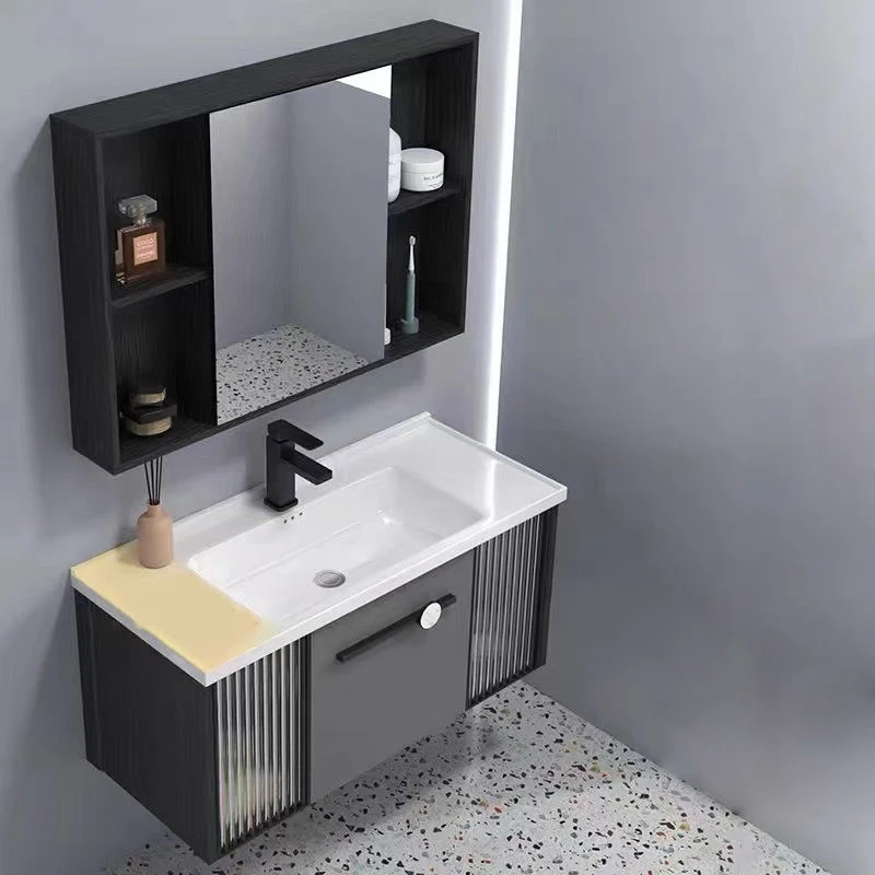 Juego de tocador de baño para montaje en pared, espejo, tocador de baño de madera rectangular gris con lavabo individual C...