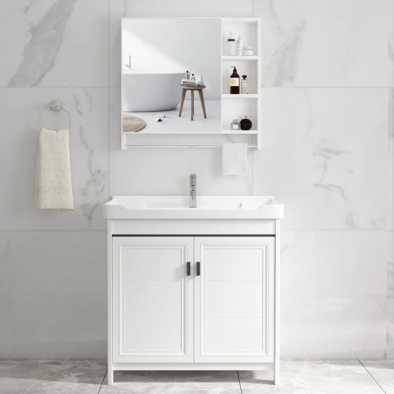 Juego de tocador de baño, tocador con grifo de cajón blanco independiente con espejo Clearhalo