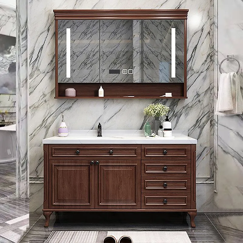 Juego de tocador de baño tradicional Espejo de madera y grifo incluidos Tocador de baño independiente Clearhalo