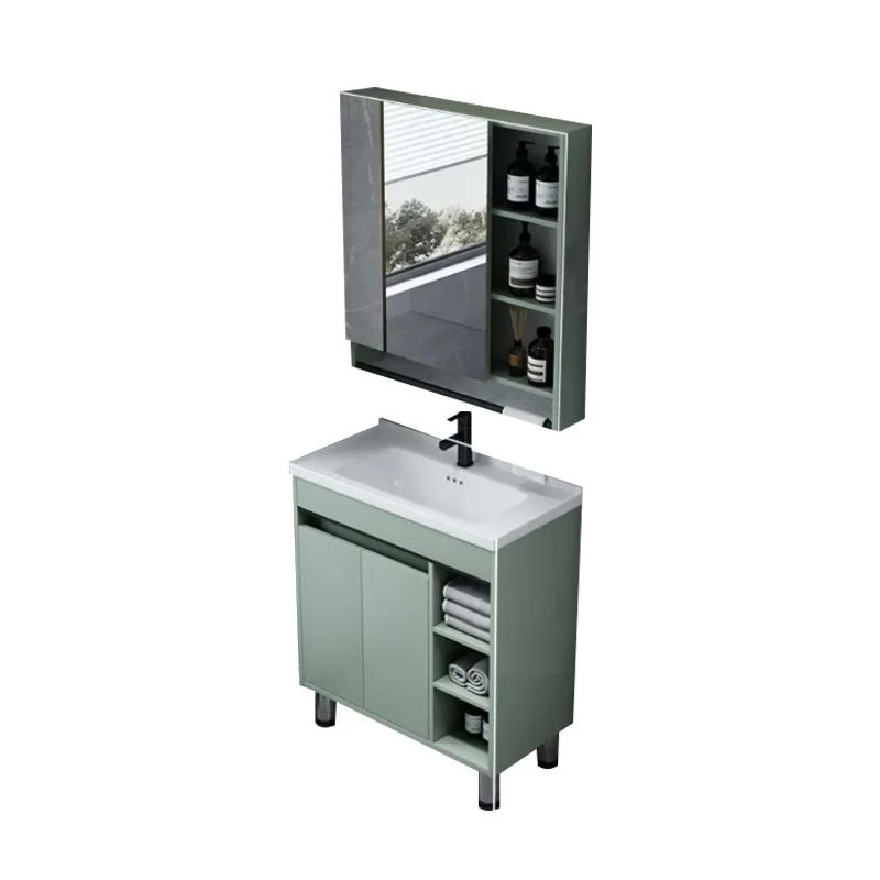 Juego de tocador de baño verde con tapa de cerámica, 2 puertas, lavabo individual, juego de tocador con espejo Clearhalo