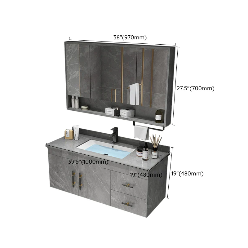 Juego de tocador con encimera de piedra, cajones con espejo para lavabo individual, tocador rectangular montado en la pare...
