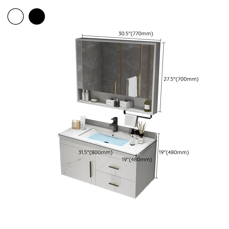Juego de tocador con encimera de piedra, cajones con espejo para lavabo individual, tocador rectangular montado en la pare...