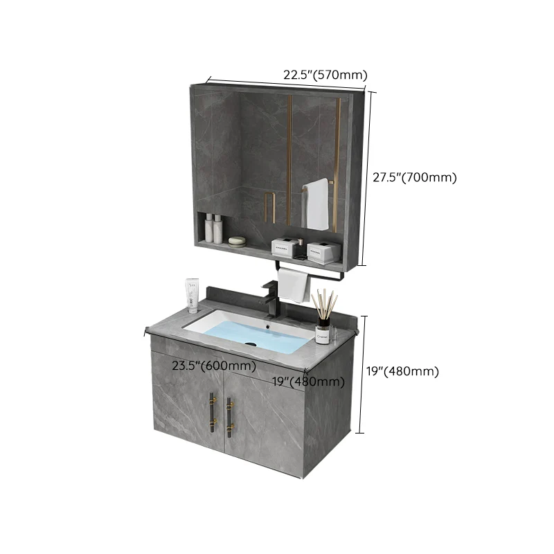 Juego de tocador con encimera de piedra, cajones con espejo para lavabo individual, tocador rectangular montado en la pare...