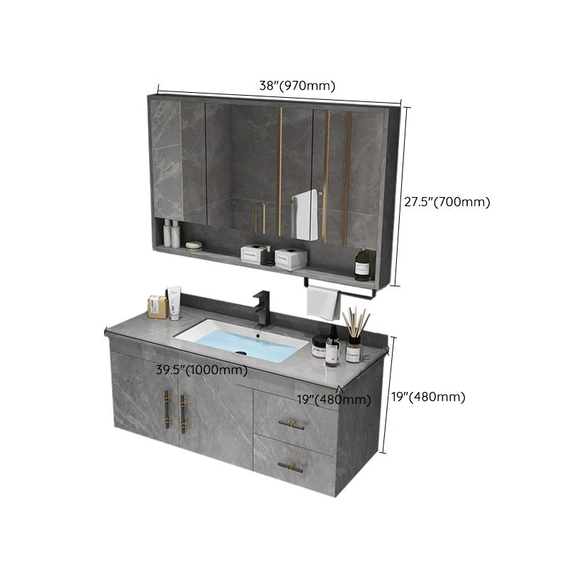 Juego de tocador con encimera de piedra, cajones con espejo para lavabo individual, tocador rectangular montado en la pare...