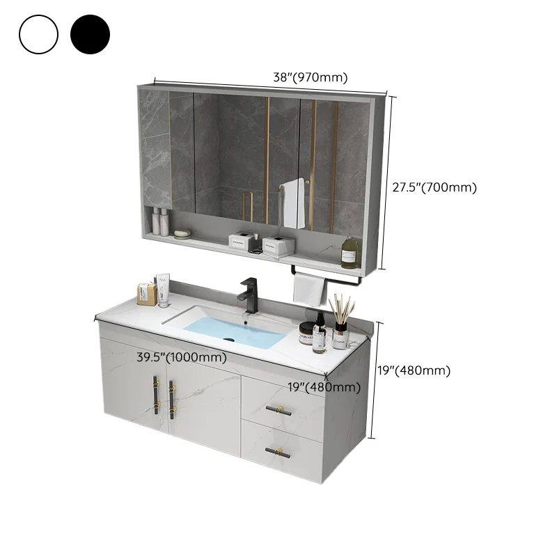 Juego de tocador con encimera de piedra, cajones con espejo para lavabo individual, tocador rectangular montado en la pare...