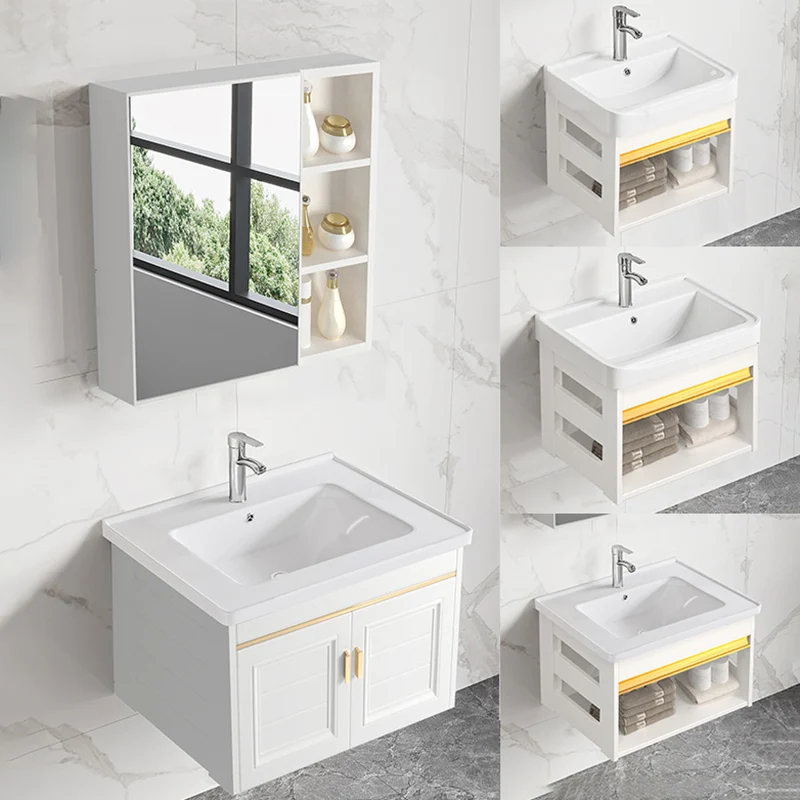Juego de tocador con lavabo, cajones blancos, lavabo rectangular de pared con grifo Clearhalo