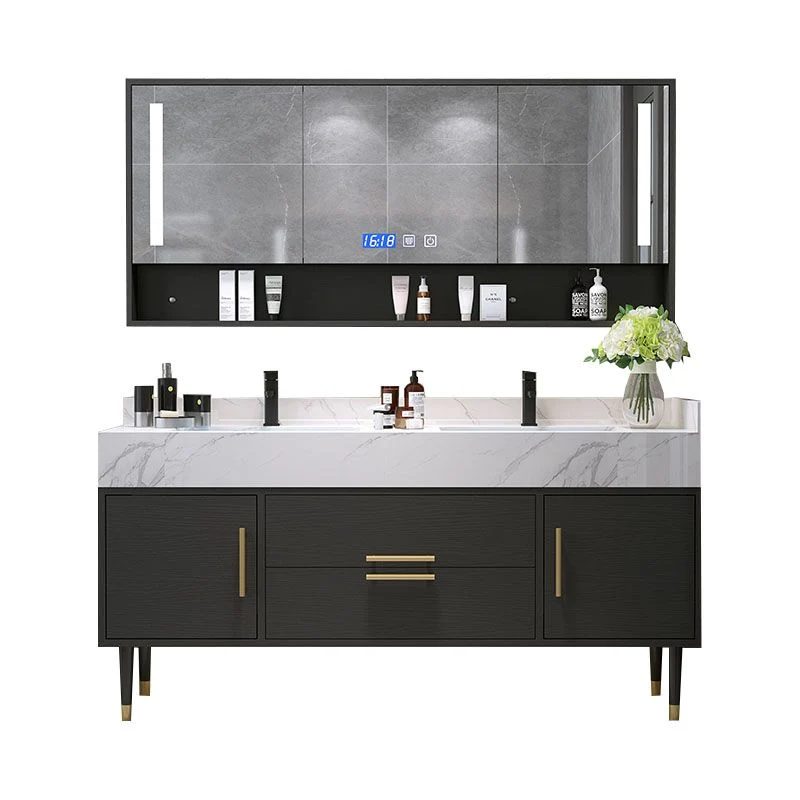 Juego de tocador con lavabo doble, tocador con marco de metal independiente rectangular de 2 puertas con espejo Clearhalo