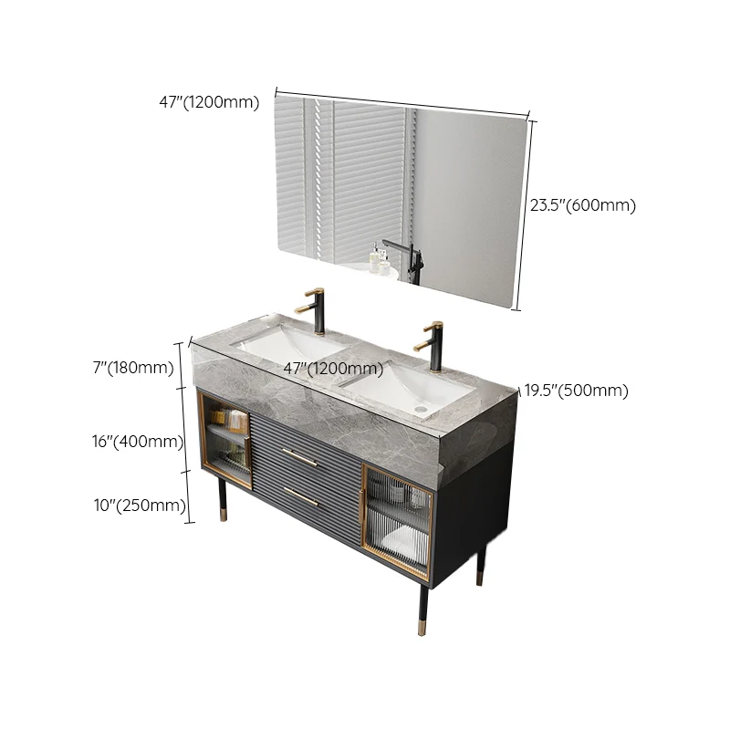 Juego de tocador con lavabo individual, espejo con tapa de piedra, cajones independientes, tocador de baño gris Clearhalo