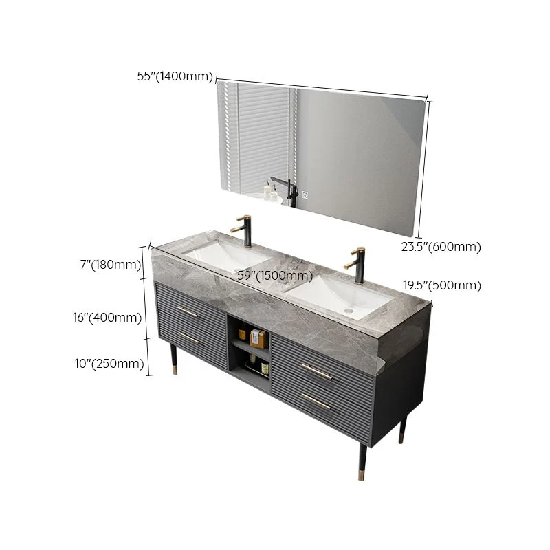 Juego de tocador con lavabo individual, espejo con tapa de piedra, cajones independientes, tocador de baño gris Clearhalo