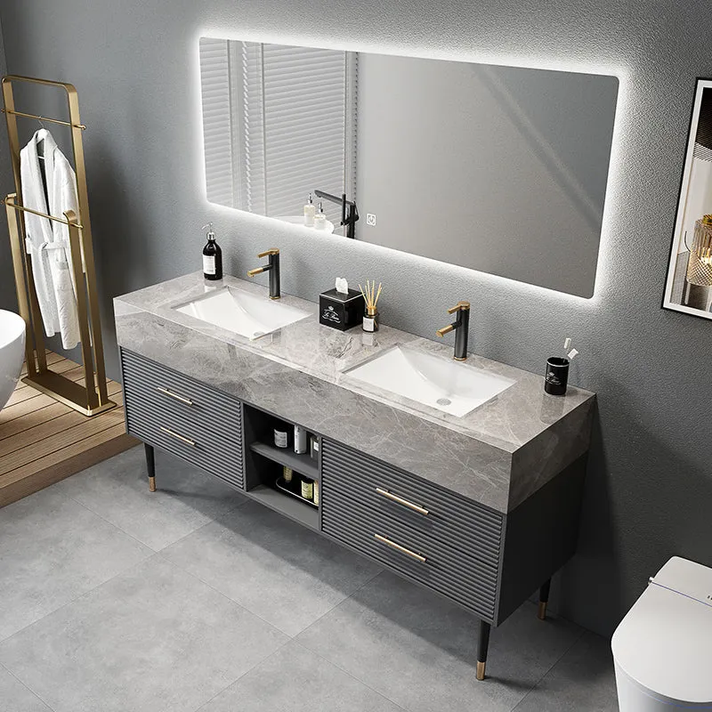 Juego de tocador con lavabo individual, espejo con tapa de piedra, cajones independientes, tocador de baño gris Clearhalo