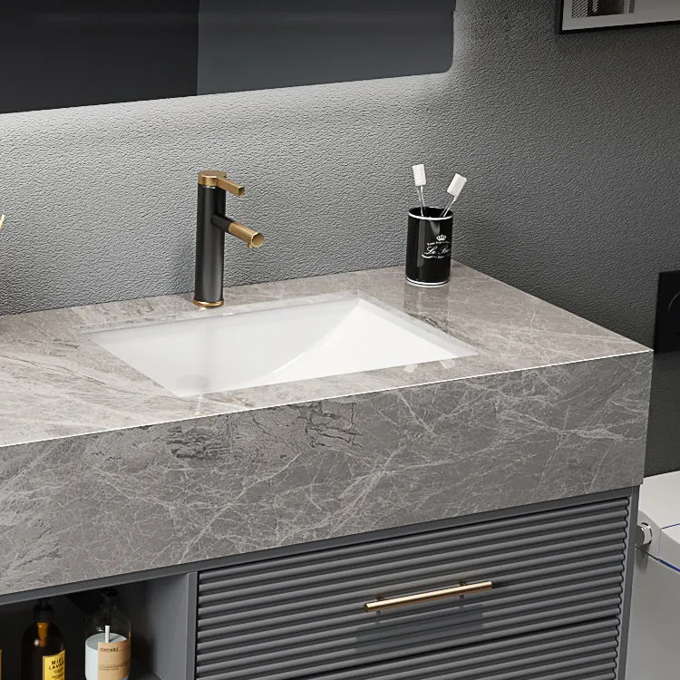 Juego de tocador con lavabo individual, espejo con tapa de piedra, cajones independientes, tocador de baño gris Clearhalo