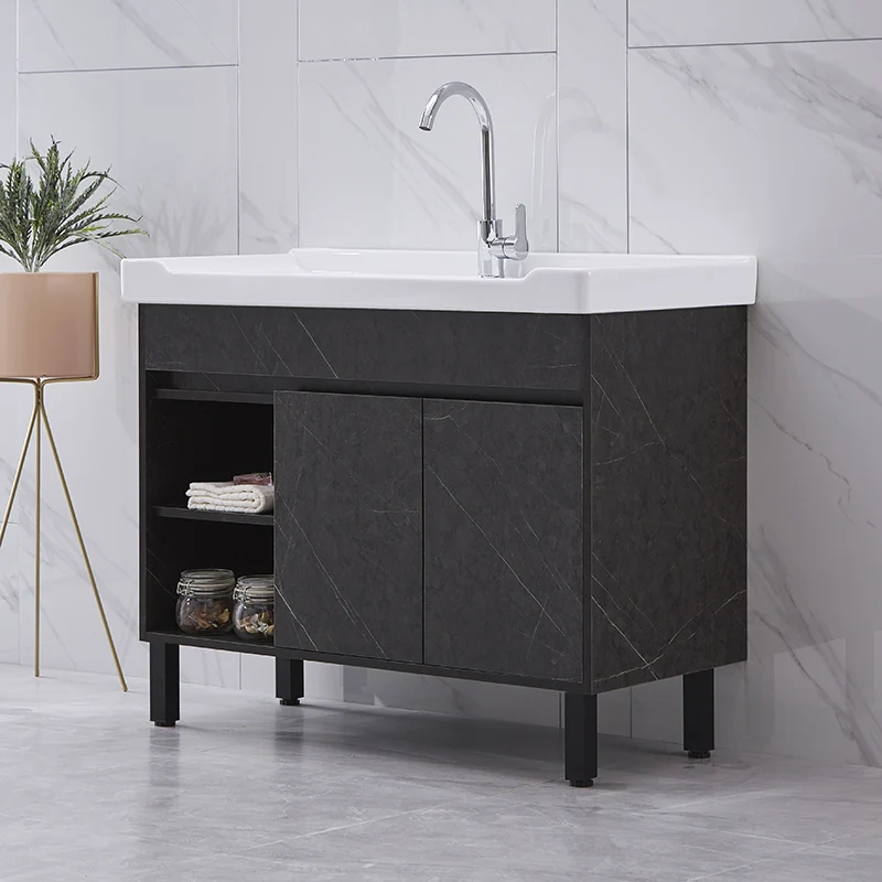 Juego de tocador con lavabo individual, tocador de baño de madera rectangular independiente con 2 puertas Clearhalo