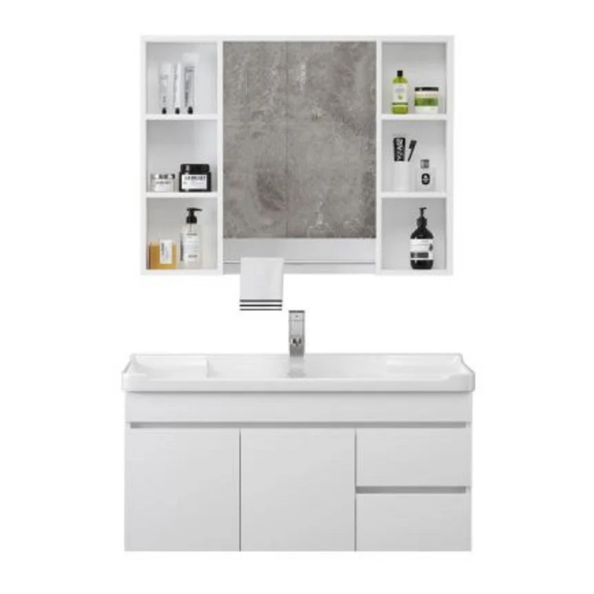 Juego de tocador de madera rectangular blanco moderno con tocador de baño individual para montaje en pared Clearhalo
