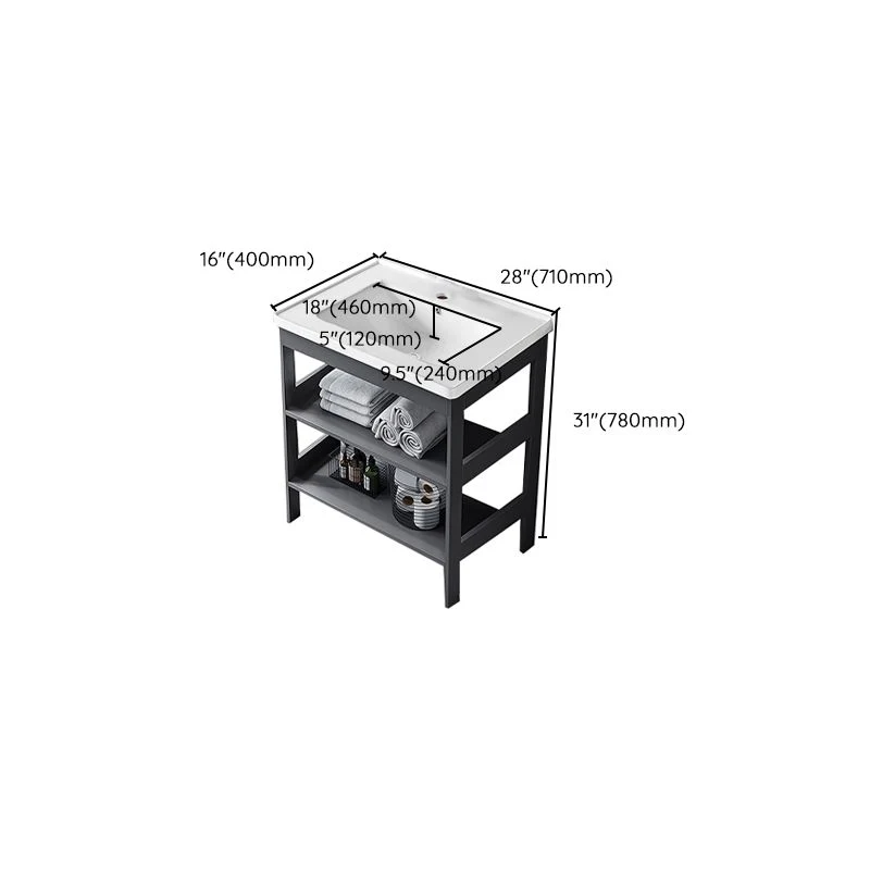 Juego de tocador de metal moderno, tocador con lavabo individual y almacenamiento abierto para baño Clearhalo