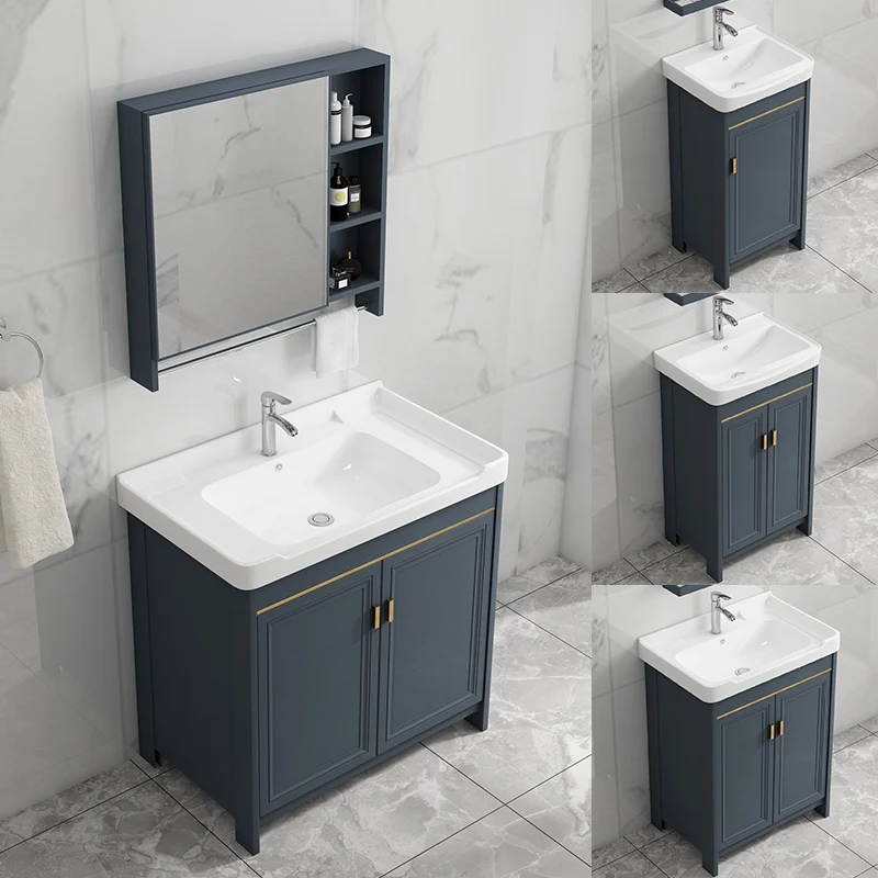 Juego de tocador moderno con cajón azul, grifo de lavabo de cerámica con espejo Clearhalo