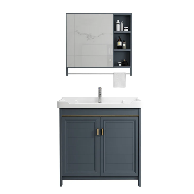 Juego de tocador moderno con cajón azul, grifo de lavabo de cerámica con espejo Clearhalo